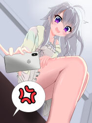 Rule 34 | 1girl, 9-nine-, :d, ^^^, ahoge, anger vein, bare legs, blurry, blurry background, blush, breasts, cellphone, commentary, dress, drooling, eyelashes, eyes visible through hair, feet out of frame, foreshortening, frilled dress, frills, from below, grey hair, hair between eyes, hair down, happy, highres, holding, holding phone, indoors, long hair, looking at viewer, looking down, medium breasts, mouth drool, niimi sora, open mouth, open pajamas, pajamas, phone, pinky out, purple eyes, ryu9voice, short dress, sidelighting, sidelocks, single bare shoulder, sitting, sleeveless, sleeveless dress, smartphone, smile, solo, spaghetti strap, speech bubble, spoken anger vein, striped clothes, striped pajamas, surprised, sweatdrop, thighs, wavy hair, white dress