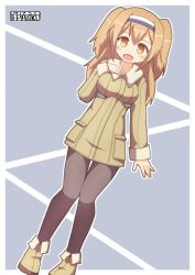 Rule 34 | 10s, 1girl, alternate costume, boots, brown eyes, coat, i-26 (kancolle), kantai collection, light brown hair, long hair, open mouth, pantyhose, pepatiku, solo, twitter username, two side up