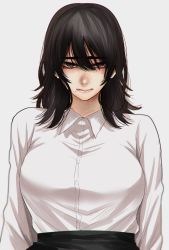 Rule 34 | 1girl, arms at sides, black hair, blurry, blurry background, blush, breasts, buttons, character request, chromatic aberration, closed mouth, collared shirt, commentary request, copyright request, depth of field, dress shirt, film grain, grey background, grey eyes, hair between eyes, highres, hoshi san 3, large breasts, lips, long hair, long sleeves, looking at viewer, messy hair, mole, mole under eye, mole under mouth, nose, nostrils, office lady, shirt, shirt tucked in, simple background, skirt, solo, thick eyebrows, upper body, white shirt, wing collar