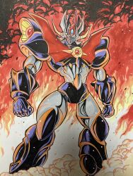Rule 34 | clenched hands, fire, head tilt, highres, looking at viewer, mazinger (series), mazinkaiser, mazinkaiser (robot), mecha, no humans, robot, science fiction, solo, standing, super robot, tsushima naoto