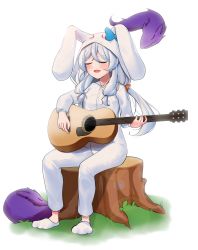 Rule 34 | 1girl, absurdres, animal ears, blue bow, blurry, bodysuit, bokeh, bow, closed eyes, commission, costume, depth of field, eyebrows, eyelashes, fake animal ears, full body, guitar, hair between eyes, hair ornament, highres, holding, holding instrument, hood, hood up, instrument, kopeolgi, long hair, long sleeves, music, open mouth, playing instrument, sidelocks, simple background, sitting, sleeping, solo, soulworker, stella unibell, tree stump, white background, white hair