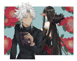 Rule 34 | 1boy, 1girl, absurdly long hair, amakusa shirou (fate), back, bare shoulders, black dress, black hair, blush, box, brown eyes, closed mouth, commentary request, cross, cross necklace, dark-skinned male, dark skin, detached sleeves, dress, earrings, fate/apocrypha, fate/grand order, fate (series), floral background, flower, frilled sleeves, frills, fur collar, fur trim, gift, gift box, holding, holding gift, jewelry, light smile, long dress, long hair, long sleeves, looking at another, mutsu (621300), necklace, parted bangs, pointy ears, priest, red flower, semiramis (fate), short hair, smile, spiked hair, upper body, very long hair, white hair, yellow eyes