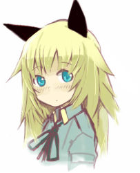 Rule 34 | 1girl, animal ears, blonde hair, blue eyes, blush, cat ears, green ribbon, helma lennartz, highres, izuoku, jacket, long hair, military, military uniform, ribbon, simple background, solo, strike witches, strike witches: suomus misfits squadron, uniform, upper body, white background, world witches series