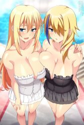 Rule 34 | 2girls, asymmetrical docking, blonde hair, blue eyes, blurry, blurry background, blush, breast press, breasts, claire (konosuba), cleavage, collarbone, commentary, commission, darkness (konosuba), english commentary, eyes visible through hair, feet out of frame, frills, from above, hair between eyes, hair over one eye, hand on another&#039;s shoulder, hand on own thigh, highres, kono subarashii sekai ni shukufuku wo!, lindaroze, long hair, multicolored hair, multiple girls, open mouth, paid reward available, pleated skirt, side-by-side, sidelocks, skirt, smile, standing, streaked hair, symmetrical docking, thighs, twitter username, very long hair, water, watermark, web address, white skirt