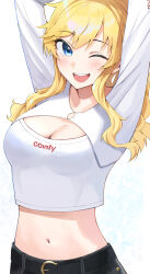 Rule 34 | 1girl, ;d, arms up, ban (puka 0507), blonde hair, blue eyes, blush, breasts, cleavage, crop top, denim, highres, idolmaster, idolmaster cinderella girls, jeans, looking at viewer, medium breasts, midriff, navel, ohtsuki yui, one eye closed, open mouth, pants, shirt, shrug (clothing), smile, solo, upper body, white shirt