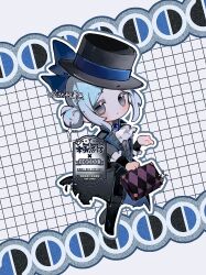 Rule 34 | 1girl, :o, artist name, ascot, beiji shutiao, black coat, black footwear, black hat, black pants, black vest, blue bow, boater hat, boots, bow, chibi, coat, full body, grey eyes, grey hair, grid background, hair bow, hair bun, hand up, hat, holding, holding suitcase, knee boots, long sleeves, looking at viewer, open clothes, open coat, pants, pants tucked in, reverse:1999, short hair, signature, single side bun, solo, standing, suitcase, vertin (reverse:1999), vest, waistcoat, watermark, white ascot, white background