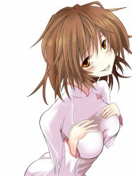 Rule 34 | 1girl, ass, bloody moon, blush, breast hold, breast suppress, breasts, brown eyes, brown hair, female focus, grin, misaka worst, open mouth, short hair, simple background, smile, solo, toaru majutsu no index, vietnamese dress, white background