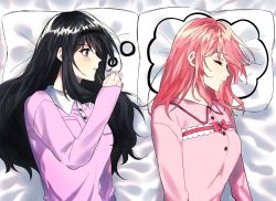 Rule 34 | 2girls, aged up, akemi homura, bed, bed sheet, black hair, black hairband, breast pocket, breasts, buttons, closed eyes, closed mouth, euaag (uaaaak6), expressionless, eyelashes, facing away, frills, from above, hair down, hairband, highres, implied yuri, kaname madoka, light blush, long hair, looking at another, looking to the side, lying, mahou shoujo madoka magica, mahou shoujo madoka magica (anime), medium breasts, medium hair, messy hair, multiple girls, nightgown, on bed, on side, parted bangs, pillow, pink hair, pink ribbon, pocket, profile, purple eyes, ribbon, shy, side-by-side, sideboob, sleeping, sleepwear, sleeves past wrists, symbolism, thought bubble, upper body