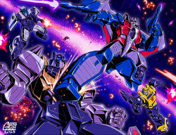 Rule 34 | 2023, artist name, assault visor, autobot, battle, blue eyes, bumblebee (transformers), decepticon, dual wielding, explosion, firing, grimlock, guido guidi, gun, holding, holding gun, holding weapon, horns, jazz (transformers), kicking, laser, mecha, no humans, open mouth, planet, red eyes, robot, science fiction, space, starscream, transformers, transformers victory, weapon