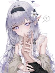 Rule 34 | 1girl, 1other, ?, absurdres, babydoll, black hairband, blue archive, blush, breasts, fingernails, grey hair, grey jacket, hair tubes, hairband, halo, highres, himari (blue archive), jacket, long hair, looking at viewer, open mouth, pointy ears, purple eyes, purple halo, shupami, sidelocks, simple background, small breasts, solo focus, spoken question mark, white babydoll, white background
