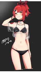 Rule 34 | 1girl, absurdres, arm up, armpits, bikini, black background, black bikini, breasts, character name, choker, collarbone, crop top, crop top overhang, cropped legs, girls&#039; frontline, hair ornament, hair ribbon, hairclip, halterneck, highres, long hair, looking at viewer, mp7 (girls&#039; frontline), mp7 (lollipop ammo) (girls&#039; frontline), navel, no pants, orange eyes, ponytail, rairaisama, red hair, ribbon, see-through, shirt, short sleeves, sidelocks, small breasts, smile, solo, standing, stomach, swimsuit, thighs, wet