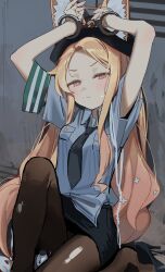 Rule 34 | 1girl, absurdres, animal, animal ear fluff, animal ears, bird, black necktie, black pantyhose, blonde hair, blue archive, blue shirt, blush, breasts, closed mouth, collared shirt, cuffs, extra ears, fingernails, fox ears, highres, long hair, looking at viewer, necktie, pantyhose, restrained, seia (blue archive), shackles, shirt, short sleeves, small breasts, solo, syhan, white bird, yellow eyes
