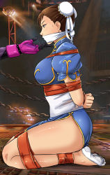 Rule 34 | 2girls, arms behind back, ass, bdsm, body blush, bondage, bound, bound ankles, bound arms, bound legs, bound wrists, breasts, brown eyes, brown hair, bun cover, capcom, chain, chinese clothes, chun-li, cloth gag, double bun, fingerless gloves, from side, gag, gagged, gloves, hair bun, han juri, highres, improvised gag, kneeling, large breasts, legs, long legs, looking at another, looking awa, lost one zero, multiple girls, over the mouth gag, seiza, short hair, sitting, socks, street fighter, sweat, tape, tape bondage