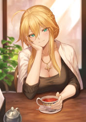 Rule 34 | 1girl, absurdres, ahoge, alternate costume, artoria pendragon (fate), artoria pendragon (lancer) (fate), black shirt, blush, braid, breasts, casual, cleavage, closed mouth, commentary request, contemporary, cup, fate/grand order, fate (series), french braid, green eyes, hair between eyes, head rest, highres, jacket, jacket over shoulder, unworn jacket, jewelry, large breasts, long hair, looking at viewer, mashuu (neko no oyashiro), necklace, shirt, sidelocks, sitting, smile, solo, swept bangs, table, tea, teacup, white jacket