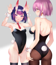 Rule 34 | 2girls, animal ears, ass, back, bare shoulders, black leotard, black thighhighs, blush, breasts, brown pantyhose, covered navel, detached collar, eyeliner, fake animal ears, fate/grand order, fate (series), hands up, highleg, highleg leotard, highres, horns, large breasts, leotard, looking at viewer, looking back, makeup, mash kyrielight, multiple girls, necktie, oni, pantyhose, playboy bunny, purple eyes, purple hair, rabbit ears, rabbit tail, sabi1234, short hair, shuten douji (fate), skin-covered horns, small breasts, smile, tail, thighhighs, thighs, wrist cuffs