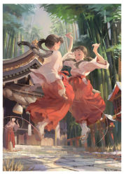 Rule 34 | 3girls, :d, absurdres, architecture, arms up, bamboo, border, broom, brown hair, commentary request, day, east asian architecture, hakama, hakama skirt, highres, holding, holding broom, japanese clothes, jump rope, jumping, lantern, long hair, miko, multiple girls, open mouth, original, outdoors, ponytail, psi (583278318), red hakama, rope, sandals, shimenawa, shrine, skirt, smile, snow, twintails, white border, white legwear, wooden lantern