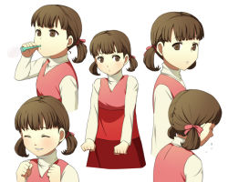 Rule 34 | 1girl, ^ ^, atlus, bad id, bad pixiv id, blowing, brown eyes, brown hair, character sheet, clenched hands, closed eyes, doujima nanako, hair ribbon, koitsu (blue), long hair, persona, persona 4, ribbon, simple background, skirt, smile, solo, twintails, white background