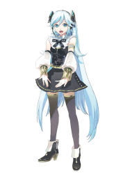 Rule 34 | 119, 1girl, ankle boots, armlet, black thighhighs, blue eyes, blue hair, boots, bow, detached sleeves, headset, long hair, matching hair/eyes, microphone, official art, open mouth, ring suzune, skirt, solo, thighhighs, very long hair, vocaloid, wrist cuffs