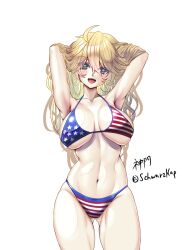 Rule 34 | 1girl, ahoge, american flag bikini, arms behind head, artist name, bikini, blonde hair, blue eyes, breasts, commentary request, cowboy shot, flag print, gluteal fold, highres, iowa (kancolle), kamimon (schwarzkap), kantai collection, large breasts, long hair, simple background, solo, standing, swimsuit, twitter username, white background