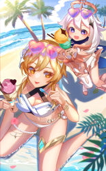 Rule 34 | 2girls, :d, :p, absurdres, beach, blush, breasts, coconut, eyewear on head, from above, genshin impact, halftone, heart, heart-shaped eyewear, highres, holding food, holding ice cream, horizon, ice cream, leaf, looking at another, looking at viewer, lumine (genshin impact), multiple girls, natsuki yoru, ocean, open mouth, paimon (genshin impact), palm leaf, palm tree, plant, sand, sitting, smile, sunglasses, swimsuit, thigh strap, tongue, tongue out, tree, wariza, water