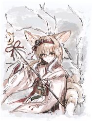 Rule 34 | 1girl, animal ear fluff, animal ears, arknights, blonde hair, closed mouth, colored tips, flower, fox ears, fox girl, fox tail, green eyes, hair flower, hair ornament, hairband, highres, holding, holding staff, japanese clothes, kimono, kitsune, kyuubi, long hair, long sleeves, looking at viewer, mashiro (mashilolicon), multicolored hair, multiple tails, obi, official alternate costume, pink kimono, red hairband, sash, smile, solo, staff, suzuran (arknights), suzuran (yukibare) (arknights), tail, two-tone hair, upper body, white hair, wide sleeves