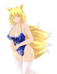 Rule 34 | 1girl, adapted costume, alternate costume, animal ears, bad id, bad pixiv id, blonde hair, blue one-piece swimsuit, breasts, cleavage, collarbone, expressionless, fist in hand, fox ears, fox tail, highres, hip focus, large breasts, leg up, looking at viewer, multiple tails, no headwear, no pupils, one-piece swimsuit, outline, shiny skin, short hair, simple background, sketch, solo, swimsuit, tail, thighhighs, thighs, touhou, white background, white thighhighs, x&amp;x&amp;x, yakumo ran, yellow eyes