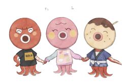 Rule 34 | 1girl, 2boys, :o, ^ ^, animal crossing, bandages, black shirt, blush, blush stickers, chest sarashi, closed eyes, clothes writing, commentary request, freckles, furry, furry female, furry male, happi, holding hands, japanese clothes, kaji (oni atat), long sleeves, marina (animal crossing), multiple boys, nintendo, octavian (animal crossing), open mouth, pink sweater, print shirt, print sweater, sarashi, shirt, shooting star (symbol), short sleeves, simple background, star (symbol), sweater, t-shirt, white background, zucker (animal crossing)