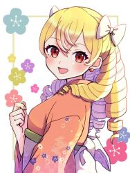Rule 34 | 1girl, alternate costume, blonde hair, drill hair, earrings, fire emblem, fire emblem awakening, floral print, gogatsu (yeaholiday), hair ribbon, highres, japanese clothes, jewelry, kimono, looking at viewer, maribelle (fire emblem), nail polish, nintendo, open mouth, pink nails, red eyes, ribbon, smile, solo, upper body