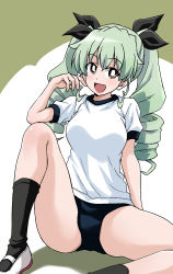 Rule 34 | 1girl, :d, anchovy (girls und panzer), black buruma, black ribbon, black socks, blouse, bright pupils, brown eyes, buruma, commentary request, drill hair, girls und panzer, green hair, gym shirt, gym uniform, hair ribbon, highres, knee up, long hair, looking at viewer, open mouth, ponzu rui, ribbon, shadow, shirt, shoes, short sleeves, sitting, smile, socks, solo, twin drills, twintails, uwabaki, white footwear, white pupils, white shirt