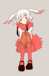 Rule 34 | 1girl, absurdres, bird tail, black footwear, closed mouth, full body, fur collar, gloves, gradient hair, grey background, hands on own knees, head tilt, head wings, highres, jacket, japanese crested ibis (kemono friends), kemono friends, long hair, long sleeves, looking away, looking to the side, mountain han, multicolored hair, neck ribbon, orange gloves, orange skirt, pantyhose, red hair, red pantyhose, red ribbon, ribbon, short hair, simple background, sitting, skirt, solo, tail, upper body, white hair, white jacket, wings, yellow eyes