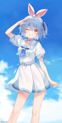 Rule 34 | 1girl, animal ears, belt, blue hair, blue neckerchief, blue ribbon, blue sky, blush, breasts, carrot hair ornament, choker, cloud, cloudy sky, collared shirt, commentary, contrapposto, day, earrings, feet out of frame, food-themed hair ornament, fukahire (ruinon), grin, hair ornament, hair ribbon, hololive, jewelry, light blue hair, looking at viewer, miniskirt, neckerchief, official alternate costume, one eye closed, outdoors, rabbit-shaped pupils, rabbit earrings, rabbit ears, red eyes, ribbon, sailor collar, school uniform, serafuku, shirt, short hair, short sleeves, short twintails, skirt, sky, small breasts, smile, solo, standing, symbol-shaped pupils, thick eyebrows, twintails, twitter username, usada pekora, usada pekora (casual), virtual youtuber, white belt, white choker, white shirt, white skirt