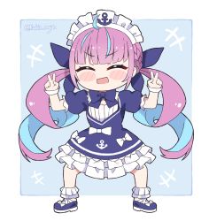 Rule 34 | 1girl, :d, ^ ^, ahoge, anchor print, anchor symbol, ankle cuffs, blue bow, blue bowtie, blue dress, blue footwear, blue hair, blue ribbon, blunt bangs, blush stickers, bow, bowtie, braid, chibi, closed eyes, colored inner hair, commentary, double v, dress, dress bow, drill hair, english commentary, flower, french braid, frilled dress, frills, hair ribbon, hololive, kukie-nyan, long hair, maid, maid headdress, minato aqua, minato aqua (1st costume), multicolored hair, open mouth, puffy short sleeves, puffy sleeves, purple hair, ribbon, short dress, short sleeves, sidelocks, smile, solo, streaked hair, twin braids, twin drills, twintails, twitter username, two-tone hair, v, very long hair, virtual youtuber, wrist cuffs