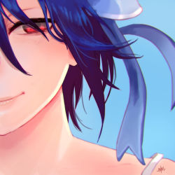 Rule 34 | 10s, 1girl, blue background, blue hair, blush, bow, close-up, hair between eyes, hair bow, justin leyva (steamy tomato), lips, nisekoi, red eyes, simple background, smile, solo, tsugumi seishirou