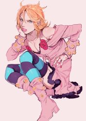 Rule 34 | 1boy, blonde hair, blue eyes, boots, cosplay, dvqjo, highres, johnny joestar, jojo no kimyou na bouken, lipstick, lucy steel, lucy steel (cosplay), makeup, male focus, orange hair, solo, star (symbol), star print, steel ball run, striped clothes, striped thighhighs, thighhighs, trap
