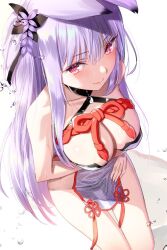 Rule 34 | 1girl, animal ear fluff, animal ears, artist request, bare shoulders, blush, breasts, cleavage, closed mouth, collarbone, flower, fox ears, fox girl, from above, hair between eyes, hair flower, hair ornament, indie virtual youtuber, japanese clothes, kamishiro natsume, kitsune, large breasts, long hair, looking at viewer, purple hair, red eyes, red ribbon, ribbon, simple background, sitting, smile, solo, virtual youtuber, water drop, white background