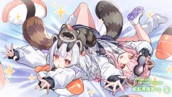 Rule 34 | 2girls, animal, animal ears, animal on head, arms up, bed sheet, chestnut mouth, commission, fish (food), food, grey hair, jacket, kazana (sakuto), long hair, long sleeves, loose socks, lying, lying on person, multiple girls, nigirizushi, on back, on head, on stomach, original, outstretched arms, parted lips, pink hair, puffy long sleeves, puffy sleeves, raccoon, raccoon ears, raccoon girl, raccoon tail, red eyes, shirt, shoes, single sock, skeb commission, sleeves past wrists, socks, striped tail, sushi, tail, thank you, translation request, white footwear, white jacket, white shirt, white socks