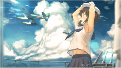 Rule 34 | 10s, 1boy, 1girl, absurdres, admiral (kancolle), aichi m6a seiran, aircraft, airplane, alternate costume, anti-aircraft, anti-aircraft gun, armpit peek, armpits, arms up, artist name, brown hair, cloud, cloudy sky, day, from side, gloves, hands on headwear, hat, highres, i-400-class-submarine, i-401, i-401 (kancolle), kantai collection, key kun, kii kun, looking to the side, md5 mismatch, midriff, mother ship, mountain, neckerchief, open mouth, parasite aircraft, pleated skirt, ponytail, railing, sailor hat, school uniform, serafuku, short hair, short sleeves, skirt, sky, solo focus, submarine, submarine aircraft carrier, sunlight, teeth, watercraft, white gloves, wind, wind lift