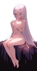 Rule 34 | 1girl, absurdres, blush, breasts, brown eyes, collarbone, completely nude, melusine (fate), fate/grand order, fate (series), forked eyebrows, highres, jilu, long hair, looking at viewer, navel, nipples, nude, sidelocks, sitting, small breasts, solo, white hair