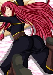 Rule 34 | 1girl, absurdres, alternate color, arc system works, ass, backboob, bed, blazblue, blush, boots, breasts, closed eyes, from behind, hair tubes, highres, large breasts, long hair, lying, on stomach, parted lips, red hair, seraphina, sleeping, solo, tsubaki yayoi, uniform, very long hair