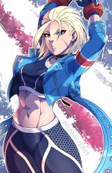 Rule 34 | 1girl, abs, arms up, blonde hair, blue eyes, breasts, cammy white, crop top, cropped jacket, eunnie, fingerless gloves, gloves, highres, jacket, lips, long sleeves, medium breasts, pants, scar, scar on face, short hair, street fighter, street fighter 6, teeth