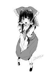 Rule 34 | 1girl, absurdres, ascot, bare shoulders, blush, bow, collared shirt, dated, detached sleeves, frilled bow, frilled shirt collar, frills, greyscale, hair bow, hair tubes, hakurei reimu, highres, looking at viewer, monochrome, open mouth, ribbon-trimmed sleeves, ribbon trim, shirt, skirt, skirt set, sleeveless, sleeveless shirt, solo, touhou, vanilla (miotanntann)