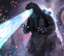 Rule 34 | akito1218, atomic breath, breath weapon, dinosaur, embers, energy, energy beam, fangs, giant, giant monster, glowing, glowing mouth, glowing spikes, godzilla, godzilla (series), godzilla vs. spacegodzilla, highres, kaijuu, monster, mouth beam, muscular, muscular arms, muscular legs, no humans, open mouth, orange eyes, pectorals, sea monster, sharp teeth, spikes, tail, teeth, thick thighs, thighs, toho, tongue, two-tone eyes, yellow eyes