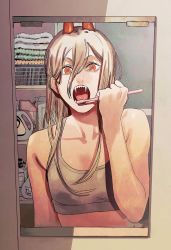 Rule 34 | 1girl, brushing teeth, chainsaw man, cleaned, collarbone, detergent, eyelashes, fang, fangs, fujimoto tatsuki, hair between eyes, highres, long hair, looking at viewer, mirror, official art, open mouth, pink hair, power (chainsaw man), red eyes, sharp teeth, soap, solo, sports bra, teeth, tongue, toothbrush, towel, unusual pupils