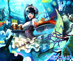 Rule 34 | 1boy, 1girl, :d, black hair, blue eyes, blunt bangs, bottle, bridge, company name, copyright name, coral, crab, cup, dragon, fins, fish, head fins, highres, holding, holding tray, lobster, long hair, mermaid, merman, monster boy, monster girl, mug, official art, open mouth, puffy short sleeves, puffy sleeves, rinneroll, seal (animal), short sleeves, skirt, smile, stairs, tray, turtle, underwater, waiter, waitress, white skirt, wrist cuffs, zenonzard