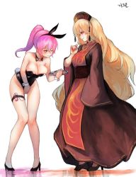 Rule 34 | 2girls, animal ears, bare arms, bare legs, bare shoulders, black dress, black footwear, black hat, black leotard, blonde hair, breasts, chinese clothes, cleavage, detached collar, dress, embarrassed, fake animal ears, fingernails, full body, hand up, hat, heoningu, high heels, highres, holding, junko (touhou), large breasts, leaning forward, leotard, long sleeves, multiple girls, object insertion, one eye closed, pigeon-toed, pink hair, playboy bunny, ponytail, profile, rabbit ears, rabbit tail, red eyes, sash, sex toy, shoes, simple background, smile, standing, tabard, tail, tassel, thigh strap, touhou, tray, vaginal, vaginal object insertion, vibrator, vibrator under clothes, watatsuki no yorihime, white background, white sleeves, wrist cuffs, yuri