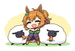 Rule 34 | 1girl, :d, ^ ^, ahoge, animal, blush, boots, breasts, brown footwear, brown hair, carrot, chan co, chibi, cleavage, closed eyes, hair ornament, knee boots, knees together feet apart, knees up, large breasts, open mouth, ponytail, purple thighhighs, real life, scene reference, sheep, sitting, smile, solo, star (symbol), star hair ornament, taiki shuttle (umamusume), thighhighs, thighhighs under boots, umamusume