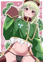 Rule 34 | 1girl, absurdres, black panties, blush, boots, breasts, collared jacket, double bun, explosive, eyebrows hidden by hair, feet out of frame, green hair, green jacket, grenade, hair between eyes, hair bun, heart, highres, insignia, jacket, leoparde (mahou shoujo ni akogarete), long sleeves, looking at viewer, looking down, mahou shoujo ni akogarete, medium breasts, midriff, military jacket, mole, mole under eye, navel, open mouth, panties, red eyes, short hair, signature, smile, solo, spread legs, suspenders, teeth, thigh boots, underwear, v, wide sleeves, xueli shimazaki