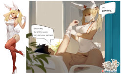 Rule 34 | 1boy, 1girl, animal ears, arm up, bandaged arm, bandages, blonde hair, blunt bangs, breasts, commentary, covered navel, cowgirl position, english commentary, english text, female pubic hair, full body, girl on top, hat, hetero, highres, hu dako, looking at viewer, mask, medium breasts, mouth mask, multiple views, nurse, nurse cap, open mouth, original, patreon username, pubic hair, rabbit girl, rabbit tail, red eyes, red thighhighs, sex, short hair, speech bubble, straddling, surgical mask, tail, thighhighs, tongue, tongue out, twintails, white headwear