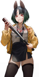 Rule 34 | 1girl, absurdres, animal ears, baseball bat, black necktie, black skirt, blood, blood on face, blood splatter, bob cut, brown thighhighs, closed mouth, collared shirt, contrapposto, copyright request, cozyu, green hair, highres, holding, holding baseball bat, id card, jacket, looking at viewer, medium hair, miniskirt, necktie, open clothes, open jacket, pencil skirt, red eyes, shirt, simple background, skirt, solo, thighhighs, white background, white shirt, wing collar, yellow jacket
