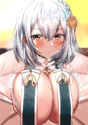 Rule 34 | 1boy, 1girl, :o, azur lane, blush, braid, breast curtains, breasts, breasts squeezed together, breath, cleavage, clothed sex, commentary, flower, hair between eyes, hair flower, hair ornament, heavy breathing, hetero, highres, large breasts, looking at viewer, moruhuross, official alternate costume, open mouth, paid reward available, paizuri, pov, red eyes, revealing clothes, short hair, sirius (azur lane), sirius (azure horizons) (azur lane), solo focus, steaming body, sweat, upper body, white hair